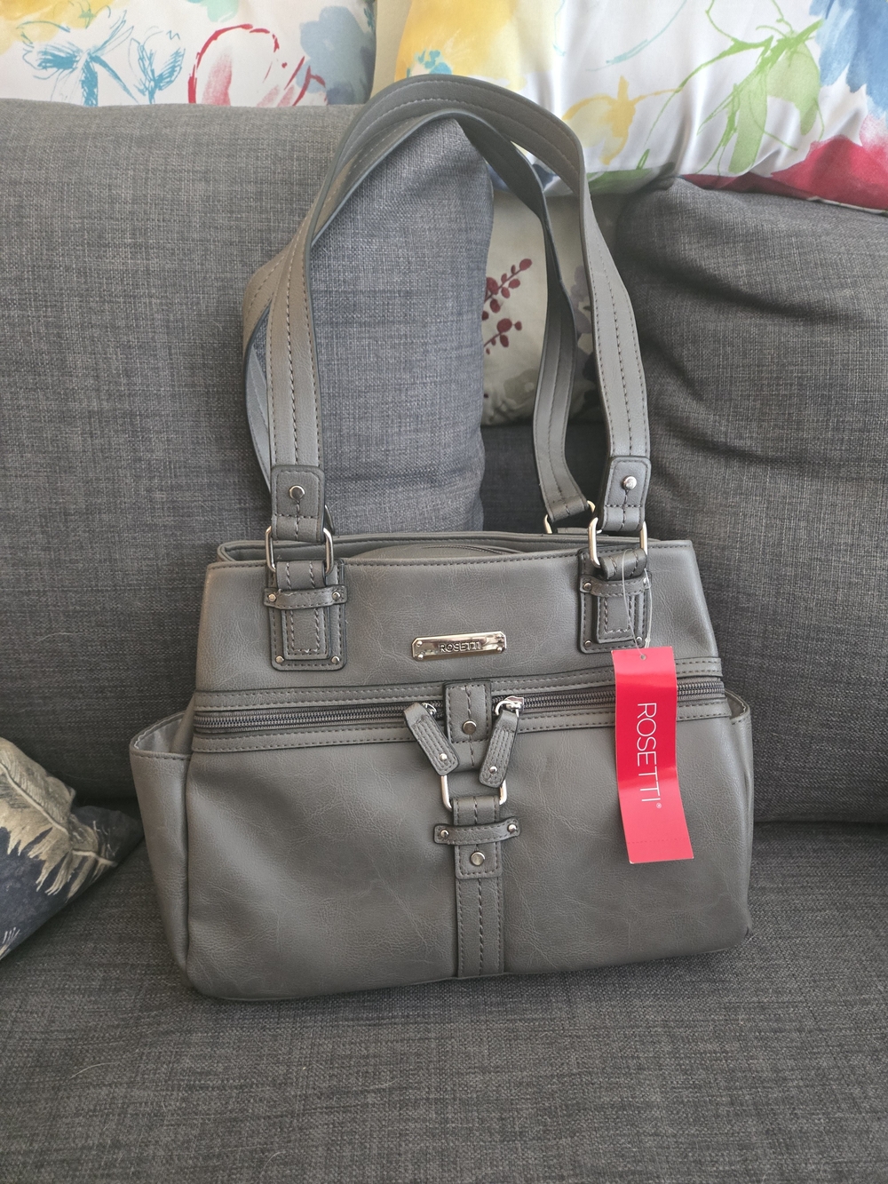 Rosetti Gray Shoulder Tote with Front Zip Pocket